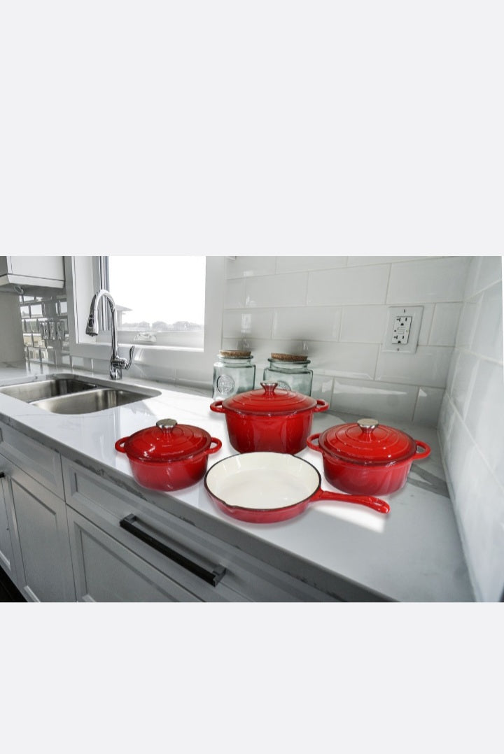 7 Piece Authentic Cast Iron Dutch Oven Cookware Pot Set - Red