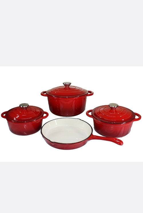 7 Piece Authentic Cast Iron Dutch Oven Cookware Pot Set - Red